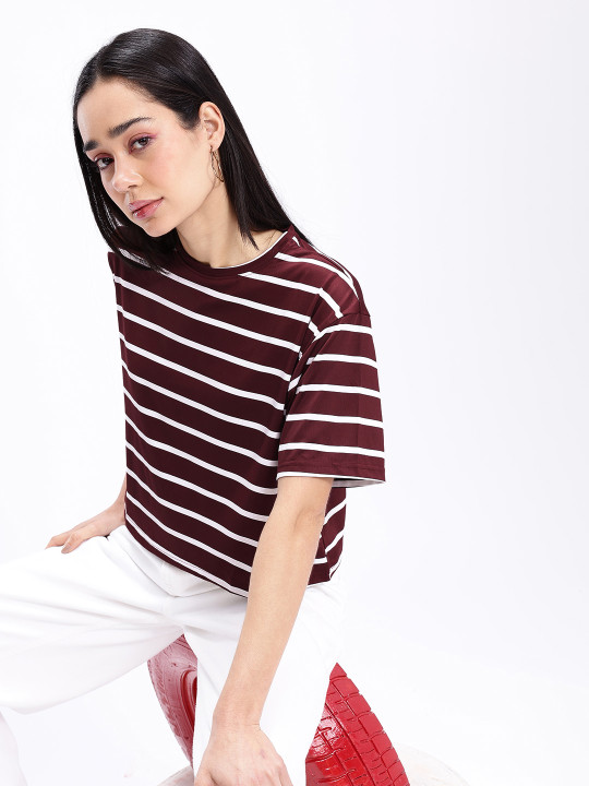 Striped Drop-Shoulder Sleeves Boxy T-shirt for Women