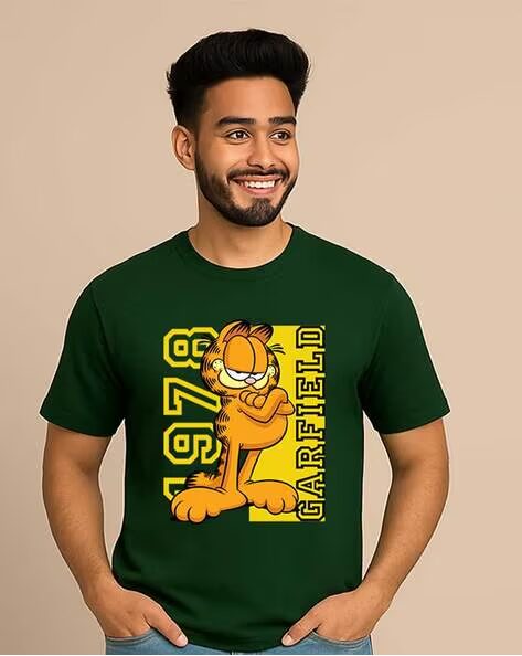 Green Garfield Printed Regular Fit Crew-Neck T-shirt for Men