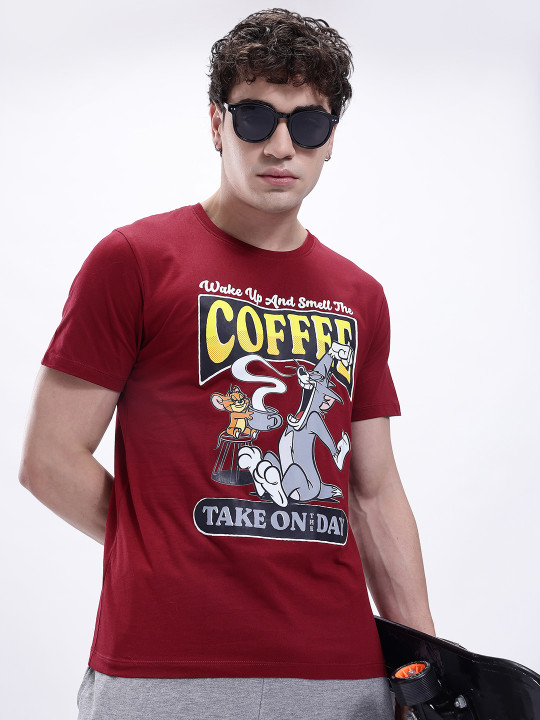 Maroon Tom & Jerry Printed Regular Fit Crew-Neck T-shirt for Men