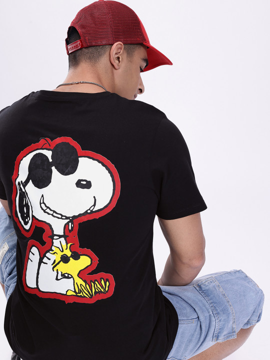 Minute Mirth Men’s Snoopy Printed Regular Fit Crew-Neck T-Shirt (Black, Pack of 1)