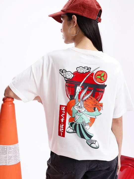 Women Looney Tunes Printed Drop-Shoulder Sleeves Oversized T-shirt