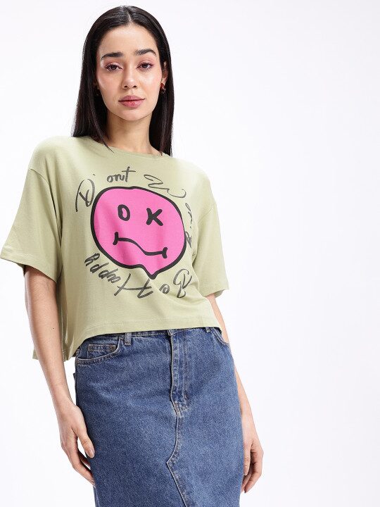 Printed Drop-Shoulder Sleeves Boxy Crop T-shirt