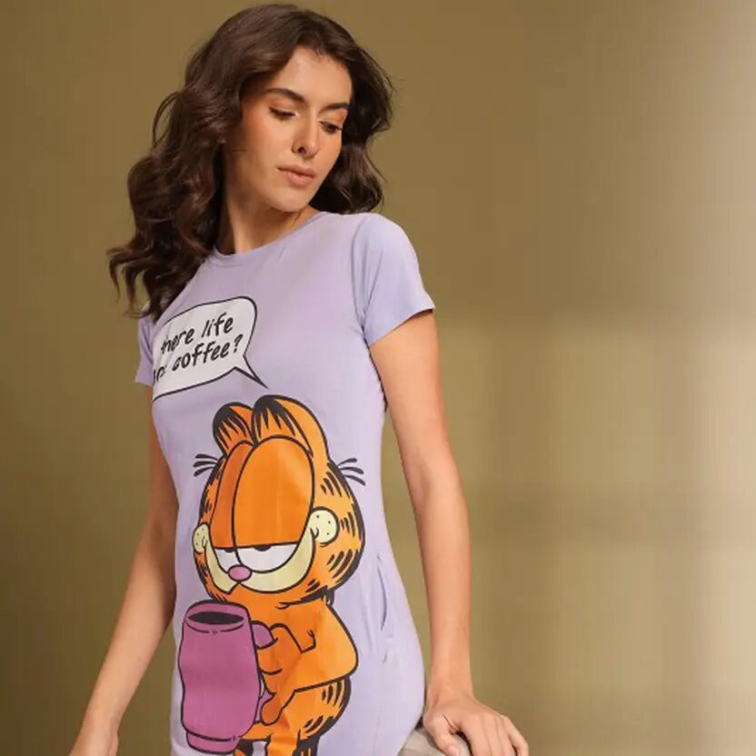 Women Garfield Printed A-Line Dress – Purple, Above Knee Length, Half Sleeves, Round Neck