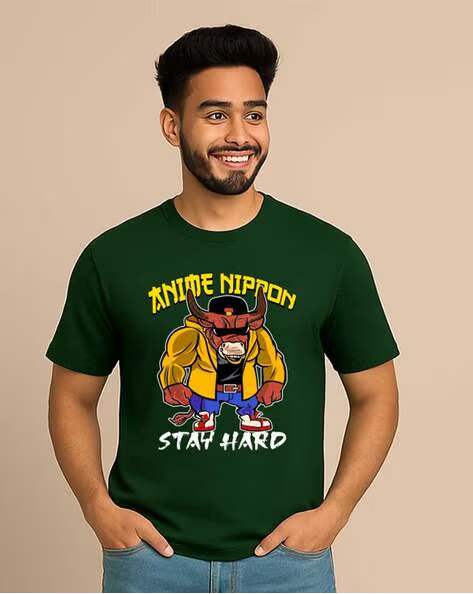 Green Anime Nippon Printed Regular Fit Crew-Neck T-shirt for Men