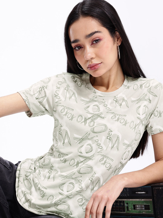 Green & White Typography Printed Regular Fit T-shirt for Women