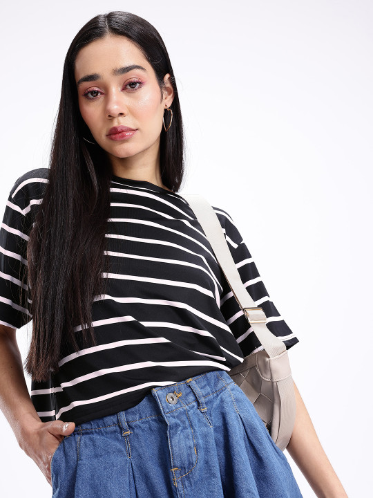 Striped Drop-Shoulder Sleeves Monochrome Boxy T-shirt for Women