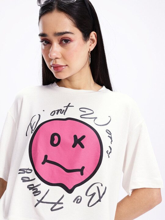 Graphic Printed Drop-Shoulder Sleeves Boxy Crop T-shirt