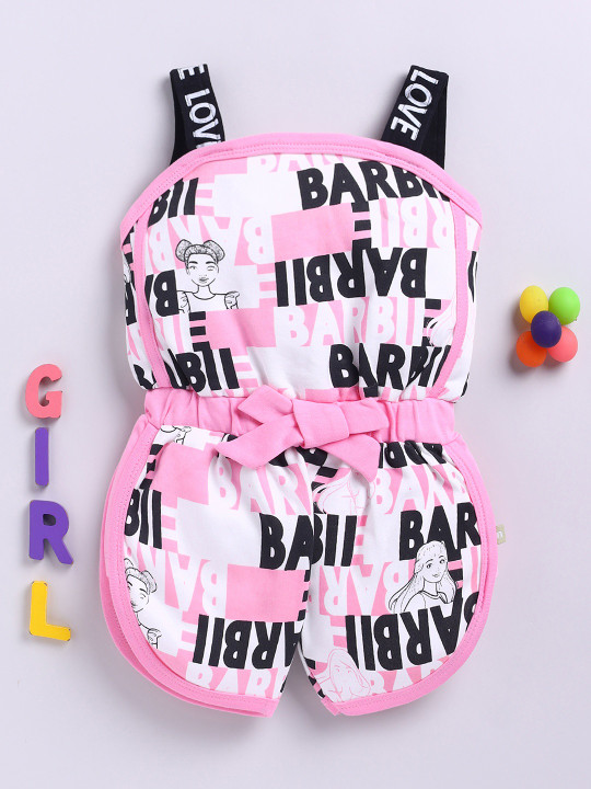 Mom’s love Barbie Printed Pure Cotton Playsuit for Infant Girls (Pink, Pack of 1)