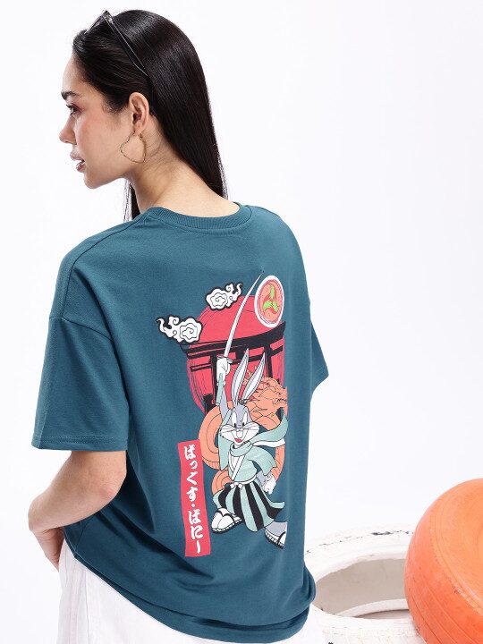 Women Looney Tunes Printed Drop-Shoulder Sleeves Oversized T-shirt