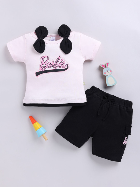 Mom’s Love Barbie Printed Pure Cotton T-shirt With Shorts For Infant Girls (Pink, Pack Of 1)