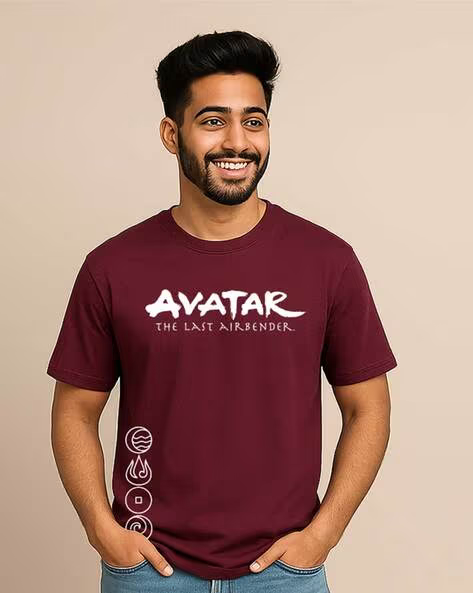 Maroon Avatar Printed Regular Fit Crew-Neck T-shirt for Men