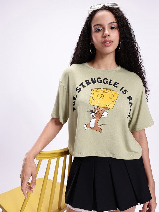 Tom & Jerry Graphic Printed Drop-Shoulder Sleeves Boxy Crop T-shirt for Women