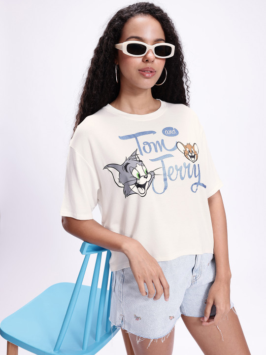 Tom & Jerry Printed Drop-Shoulder Sleeves Boxy T-shirt
