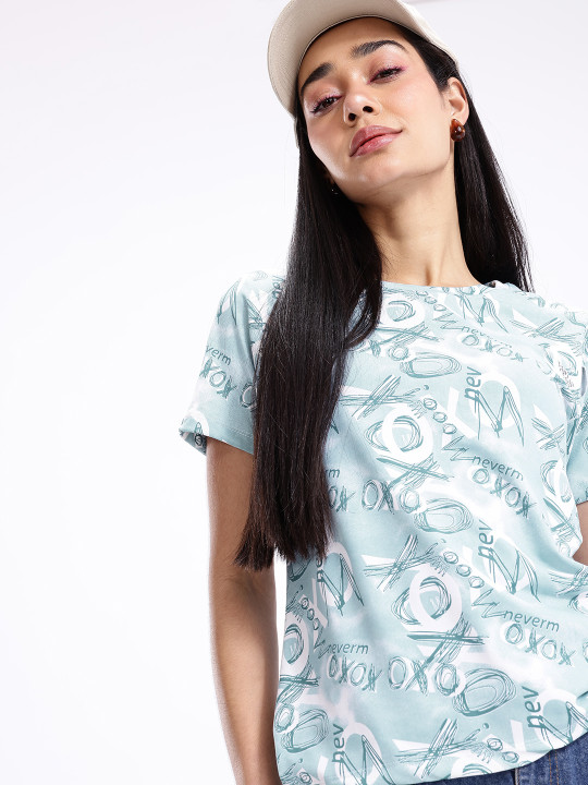 Blue & White Typography Printed Regular Fit T-shirt for Women