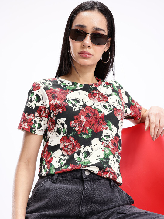 Black and Red Graphic Printed Pure Cotton Regular Fit Women’s T-shirt