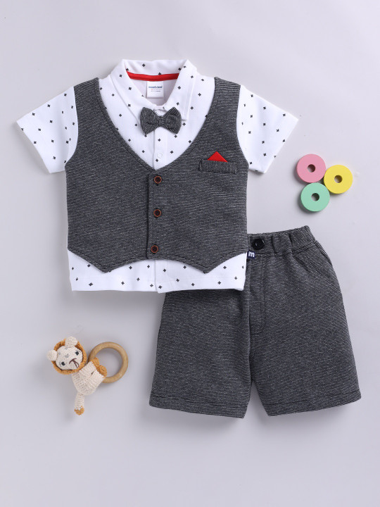 Mom’s Love Polka Printed Cotton Blend Formal Set For Infant Boys (Black, Pack Of 1)