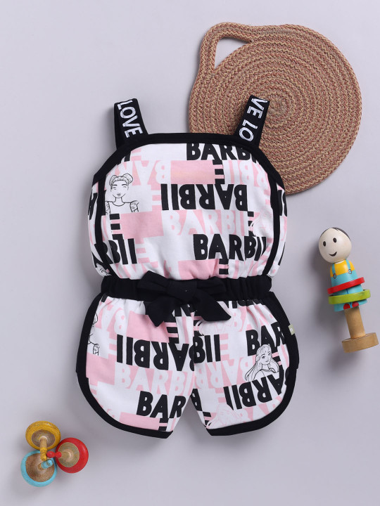 Mom’s love Barbie Printed Pure Cotton Playsuit for Infant Girls ( Black, Pack of 1)