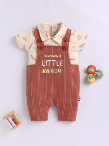 Mom’s Love Little Handsome Cotton Blend Dungaree For Infant Boys (Rust, Pack Of 1)