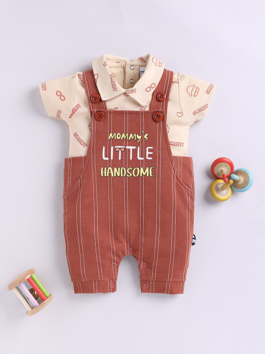 Mom’s Love Little Handsome Cotton Blend Dungaree For Infant Boys (Rust, Pack Of 1)