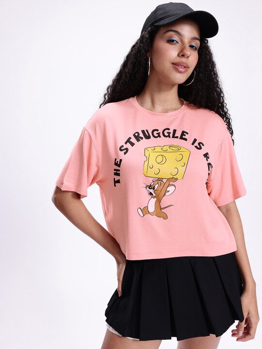 Tom & Jerry Printed Drop-Shoulder Sleeves Boxy T-shirt for Women