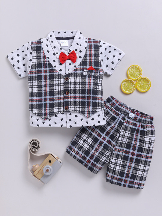 Mom’s Love Checked Pure Cotton Clothing Set  For Infant Boys (Charcoal,Pack Of 1)