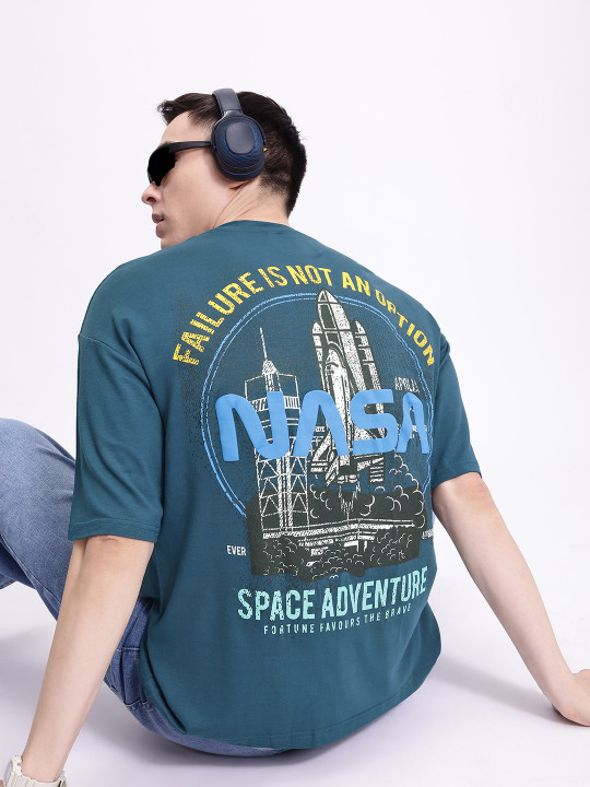 Blue NASA Printed Regular Fit Crew-Neck T-shirt for Men