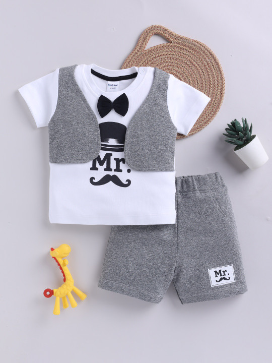 Mom’s Love Printed Cotton Blend Set For Infant Boys (Grey Melange, Pack Of 1)