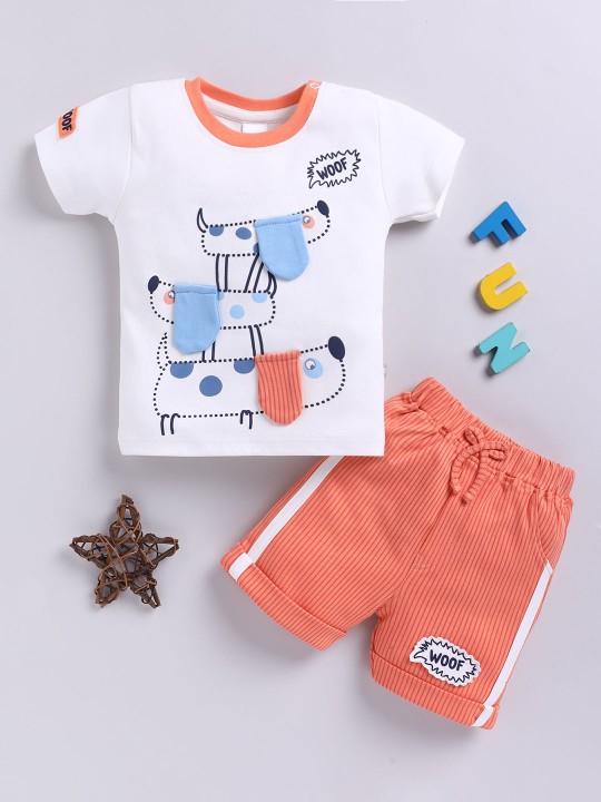 Mom’s Love Printed Pure Cotton T-shirt with Striped Shorts For Infant Boys (Orange, Pack of 1)