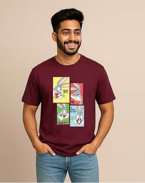 Maroon Bugs Bunny Printed Regular Fit Crew-Neck T-shirt for Men