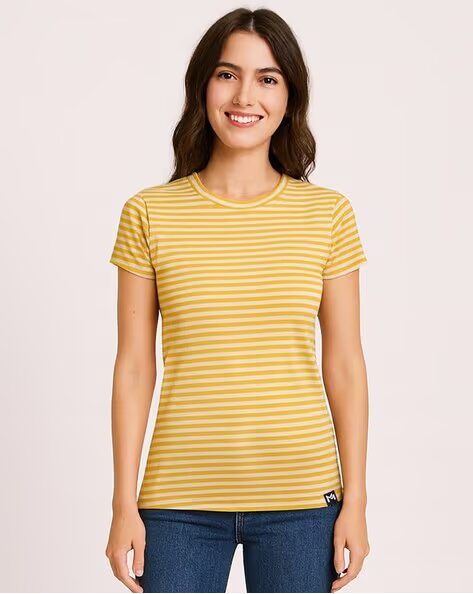 Women Regular Fit Striped Cotton Top – Yellow, Round Neck, Medium Length