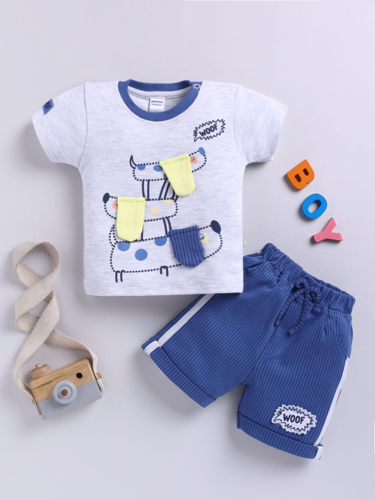 Mom’s Love Printed Pure Cotton T-shirt with Striped Shorts For Infant Boys (Blue, Pack of 1)