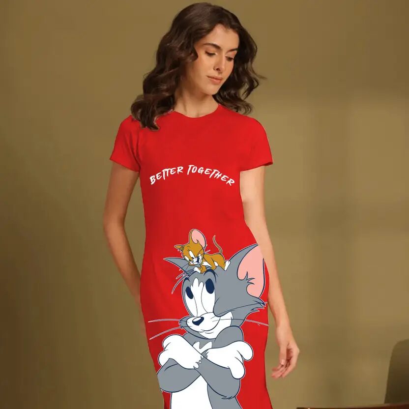 Tom & Jerry Printed Red A-Line Frock for Women | Casual Above-Knee Cotton Dress