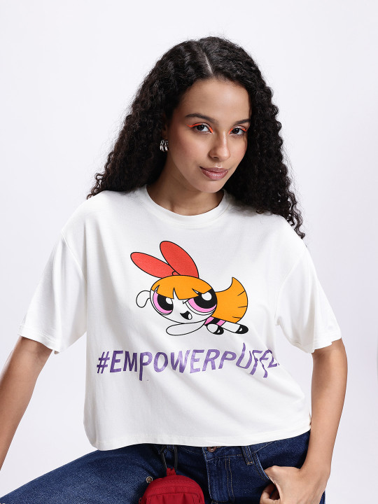 Powerpuff Girls Printed Drop-Shoulder Sleeves Boxy Crop T-shirt for Women