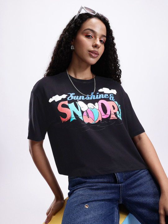 Peanuts Printed Drop-Shoulder Sleeves Boxy T-shirt