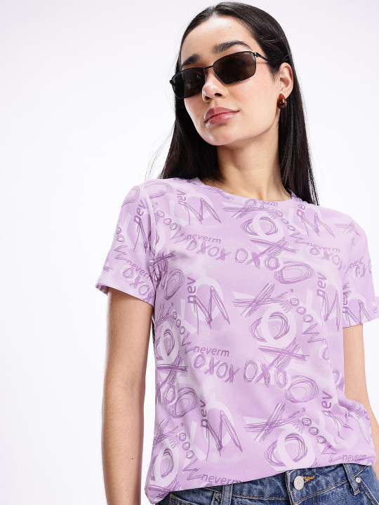 Mauve Typography Printed Regular Fit T-shirt for Women