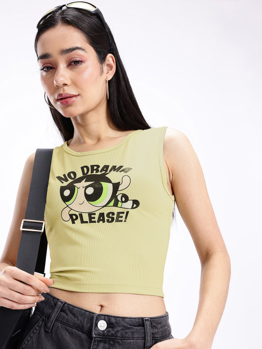 Green and Black Powerpuff Girls Printed Sleeveless Crop Top for Women