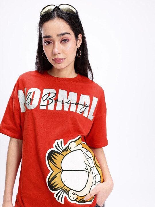 Women Garfield & Typography Printed Drop-Shoulder Sleeves Oversized T-shirt