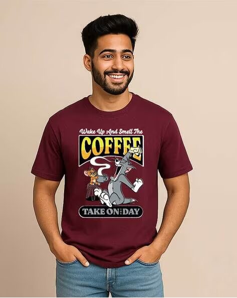 Maroon Tom & Jerry Printed Regular Fit Crew-Neck T-shirt for Men