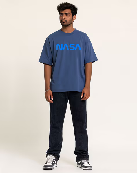 Blue NASA Printed Regular Fit Crew-Neck T-shirt for Men