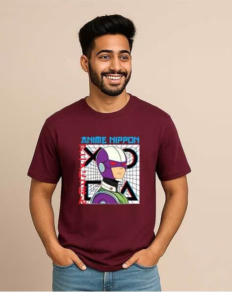 Maroon Anime Nippon Printed Regular Fit Crew-Neck T-shirt for Men