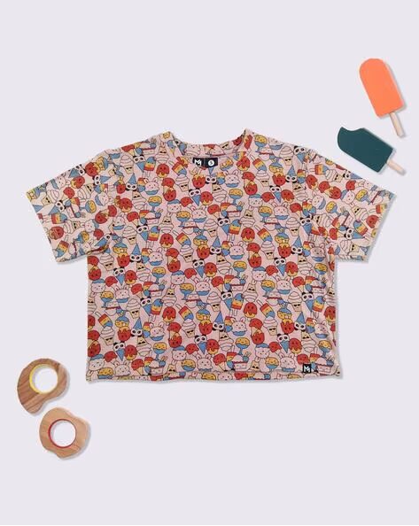 Women Casual Graphic Print Top – Orange, Boxy Fit, Round Neck, Short Sleeves