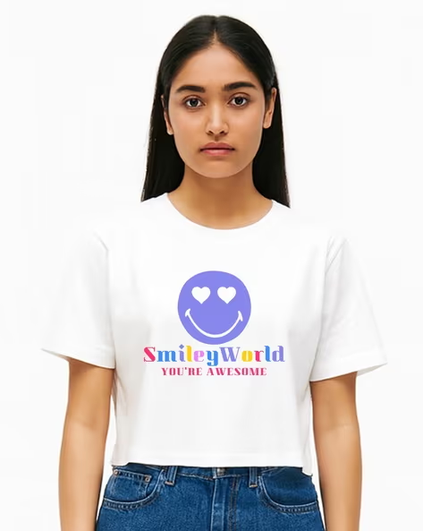 Women Smiley World Print Boxy Fit Crop Top
