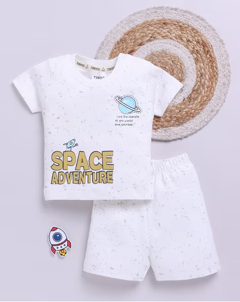 Tinyo Typographic Print 100% Cotton T-shirt & Shorts Set for Infant Boys (Off White, Pack Of 1)