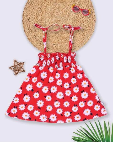 Tinyo Floral Print Smocked Strappy Fit & Flare Dress for Infant Girls (Red, Pack Of 1)