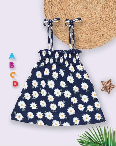 Tinyo Floral Print Smocked Strappy Fit & Flare Dress For Infant Girls (Navy, Pack Of 1)