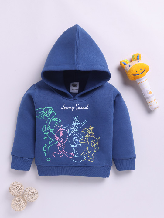 Tinyo Infant Boys Looney Tunes Graphic Printed Fleece Hooded Sweatshirt (Blue, Pack Of 1)