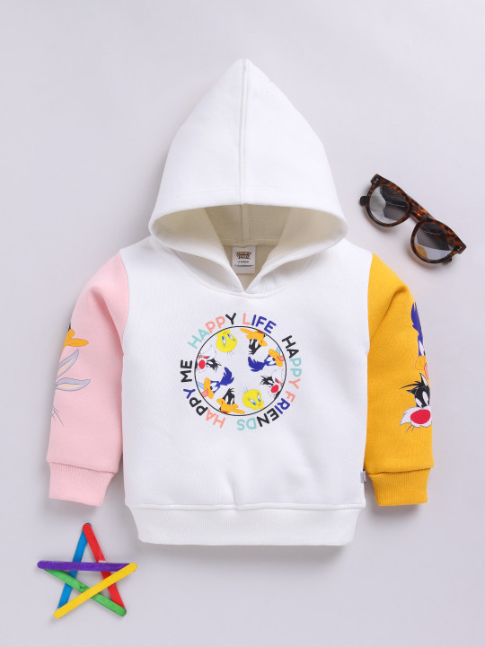 Tinyo Looney Tunes Printed Fleece Hooded Sweatshirt For Infant Boys (White & Pink, Pack Of 1)
