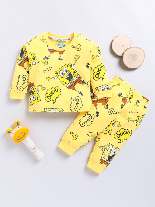 Tinyo SpongeBob Printed Pure Cotton T-shirt With Joggers For Infant Boys (Yellow, Pack Of 1)