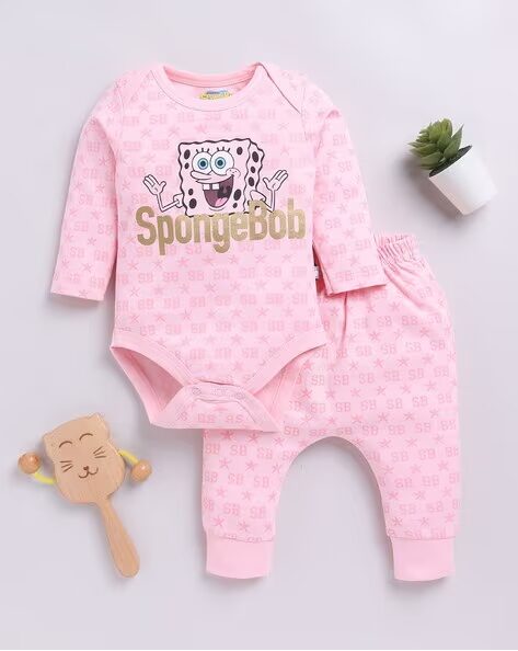 Tinyo Infants Spongebob Print Cotton Bodysuit With Joggers (Peach, Pack Of 1)