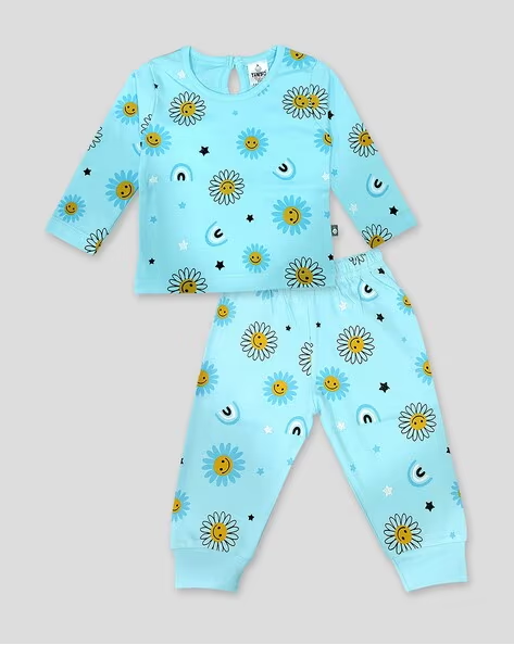 Tinyo Girls Printed Cotton T-Shirt With Joggers (Aqua, Pack Of 1)